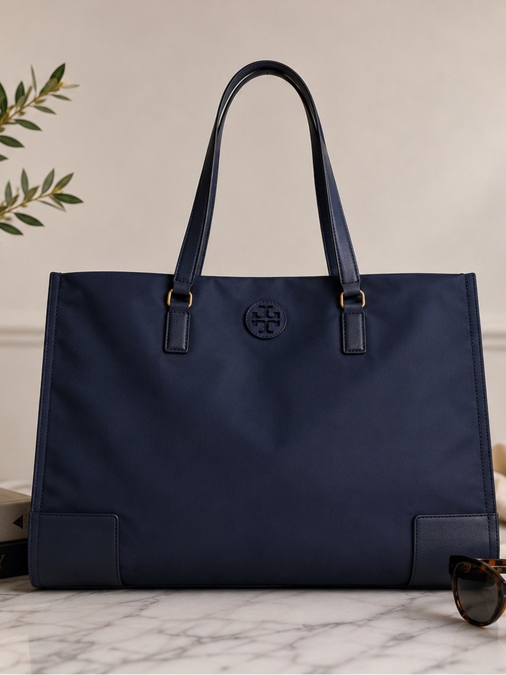 NEW!! Tory Burch Ella Large Nylon Tote Navy Blue & Gold  NWOT